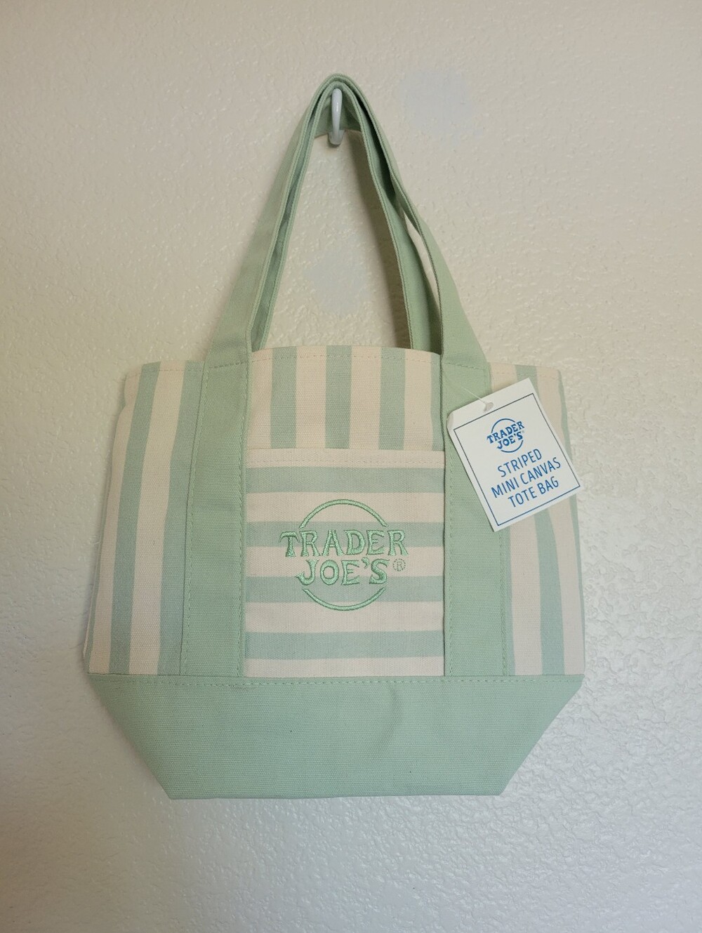 NWT Trader Joes Striped Mint Green Canvas Tote Bag